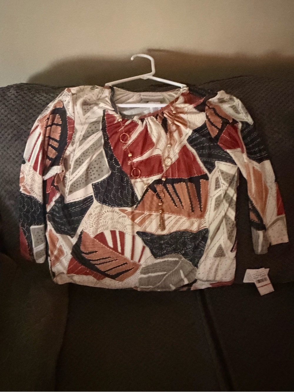 Alfred Dunner Leaf Print Long Sleeve Top in Rust, Navy & Cream